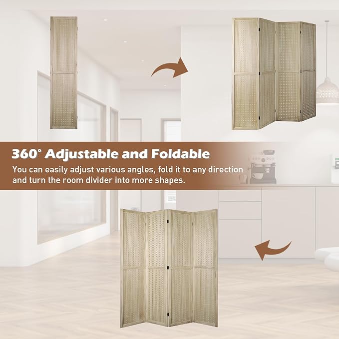 4 Panel Pegboard Room Divider | Natural Wood Folding Privacy Screen - Image 6