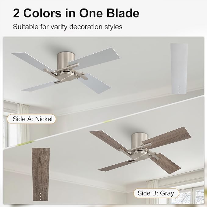 WINGBO 48 Inch Flush Mount Ceiling Fan without Light - 4 Plywood Blades, 6-Speed Reversible DC Motor, Noiseless Low Profile Ceiling Fan No Light for Bedroom Living Room, Nickel and Silver/Gray
