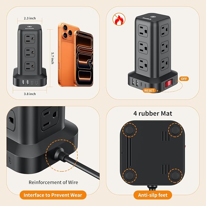 Extension Cord with Multiple Outlets, SMALLRT Power Strip Tower, Outlet - Image 8