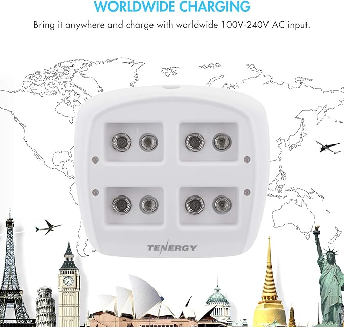 Tenergy TN136 Smart 9V 4-Bay Battery Charger for Rechargeable NiMH 9 Volt Batteries