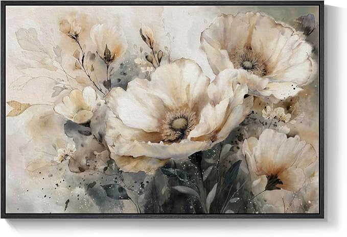 Framed Neutral Floral Wall Art, Botanical Flower Canvas Painting Prints - Image 9