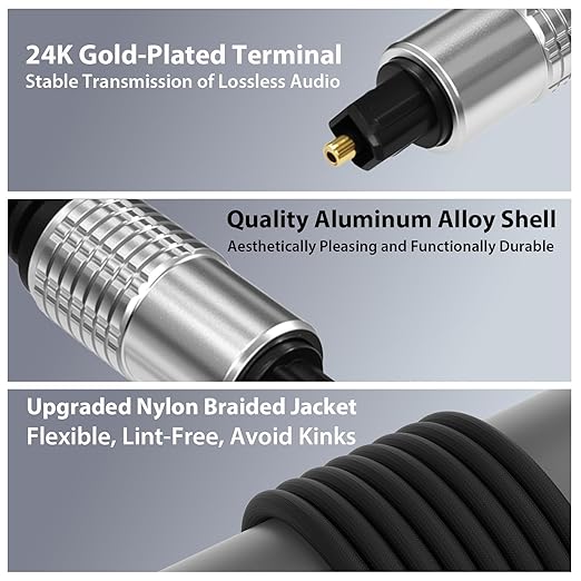 Cyberguys! Optical Audio Cable, Digital Optical Cable with Toslink Connectors, Braided Digital Audio Cables for Soundbar, TV, Receiver, Speaker, Xbox, PS5, Blu-Ray – Gold-Plated, 15ft