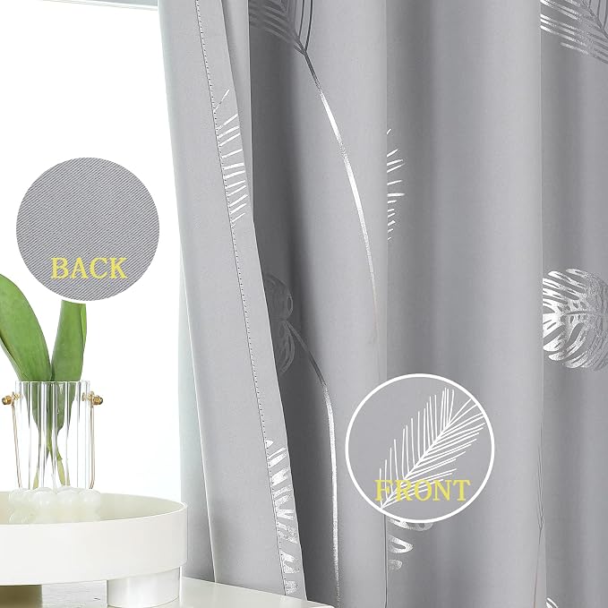 Light Grey Blackout Curtains for Sliding Door Silver Palm Tree Design Pattern - Image 3