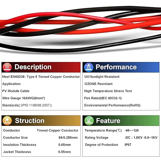 iGreely 100Ft 10 Gauge Tinned Copper PV Wire - Solar Panel Extension Cable, UV Resistant for Boat, Marine, Automotive, RV, Outdoor - Red