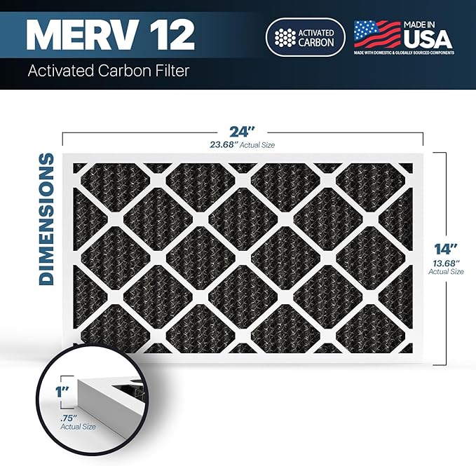 BNX TruFilter 14x24x1 MERV 12 Odor Defense (2-Pack) AC Furnace Air Filter with Activated Carbon - MADE IN USA - Pleated Air Conditioner HVAC AC Furnace Filters - Removes Odor, Mold, Bacteria, Smoke