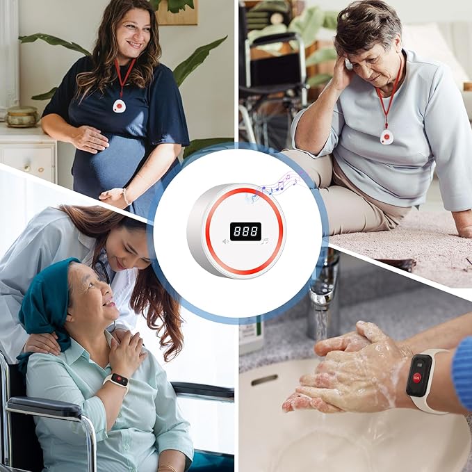 Wireless Caregiver Pager Call Button Emergency Calling System 328 Feet 1 Call Button/1 Watch Button/1 Receiver Nurse Alert System for Elderly Patient Disabled (1 Beige H1+1 3DB+M2)