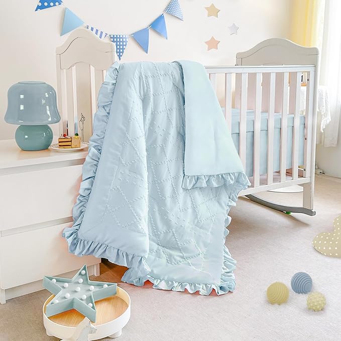 Wowelife Mini Crib Bedding Set for Girls, 3 Piece Tufted Jacquard Ruffle Fringe Baby Girl Crib Bedding Set Newborn, Infant & Nursery with Comforter, Crib Fitted Sheet and Crib Skirt, Blue