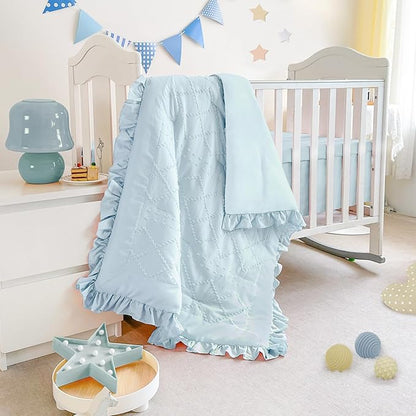 Wowelife Mini Crib Bedding Set for Girls, 3 Piece Tufted Jacquard Ruffle Fringe Baby Girl Crib Bedding Set Newborn, Infant & Nursery with Comforter, Crib Fitted Sheet and Crib Skirt, Blue