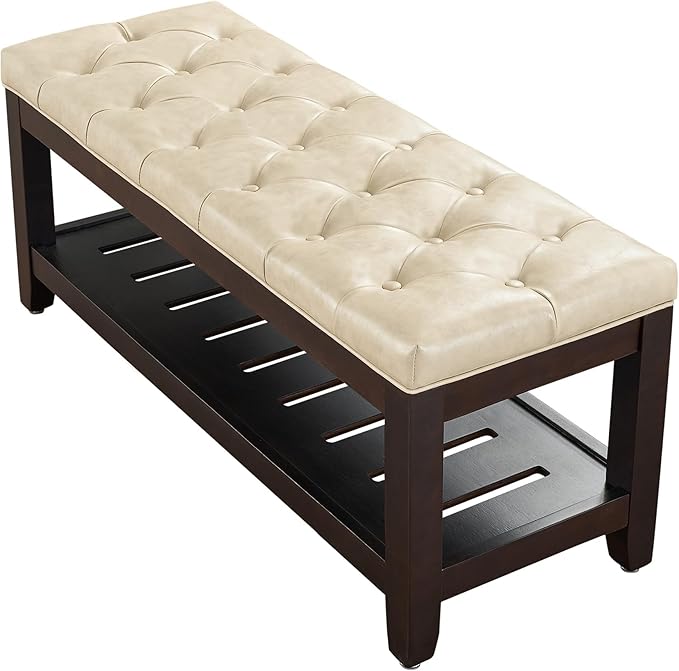 LOULENS 44'' Leather Storage Bench, Modern Upholstered Ottoman, Ivory | Solid by LOULENS