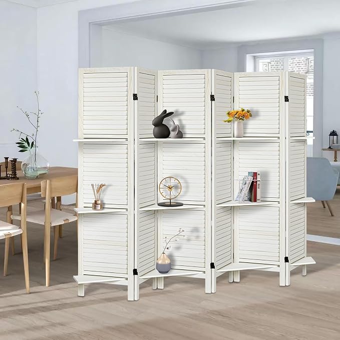 Room Divider with Shelves, 6 Panel White Privacy Screen | Partition Room - Image 2
