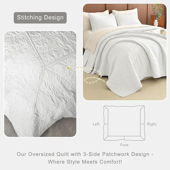Lady Ann White Oversized King Quilt 128x120, Leaves Pattern Printed Oversized - Image 5