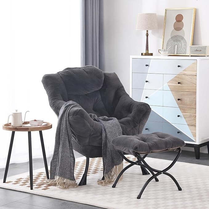 Lazy Chair with Ottoman, Comfy Accent Reading Chair, Plush Navy | Foldable - Image 2