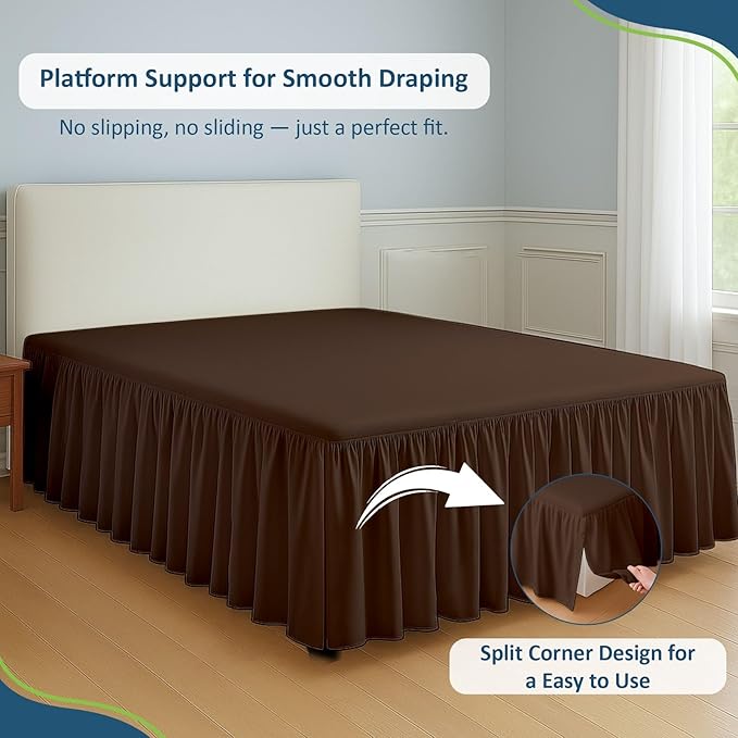 Rajlinen Ruffled Bed Skirt Queen, 10 Inch Drop Dust Ruffle with Split Corners, 100% Microfiber Bedskirt with Platform, Three-Sided Coverage Ruffled Gathering Design, Chocolate