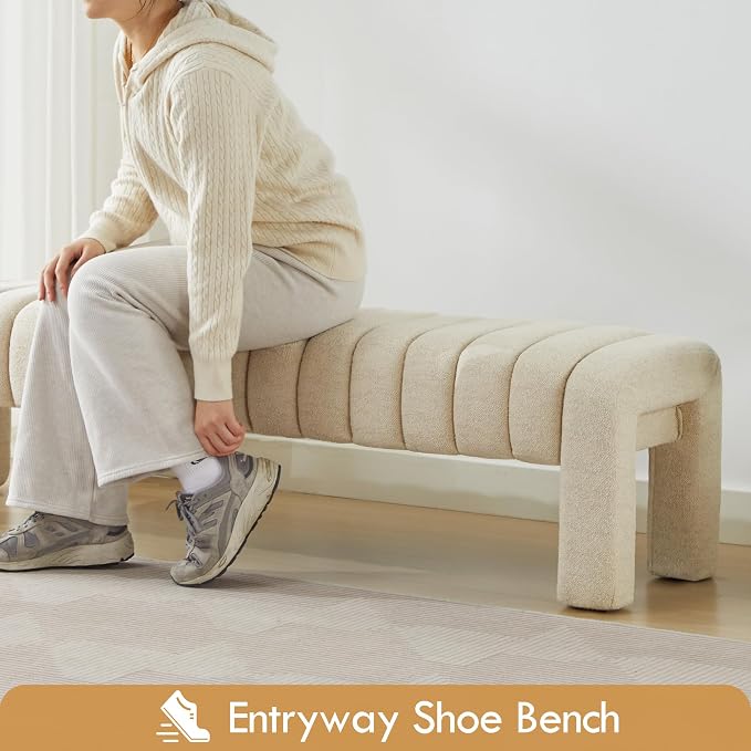 63" Upholstered Bed Bench, Linen Beige | Channel Tufted, Entryway Accent Window - Image 8