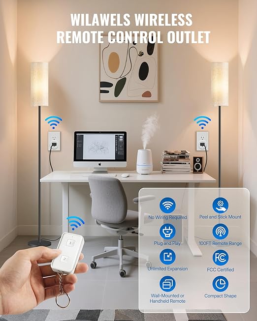 Remote Control Outlet, WILAWELS Wireless Light Switch, Expandable Remote Outlet Switch for Light, Lamps, Appliance, 100ft RF Range, FCC Listed (1 Controller + 2 Outlets) W14RC1206