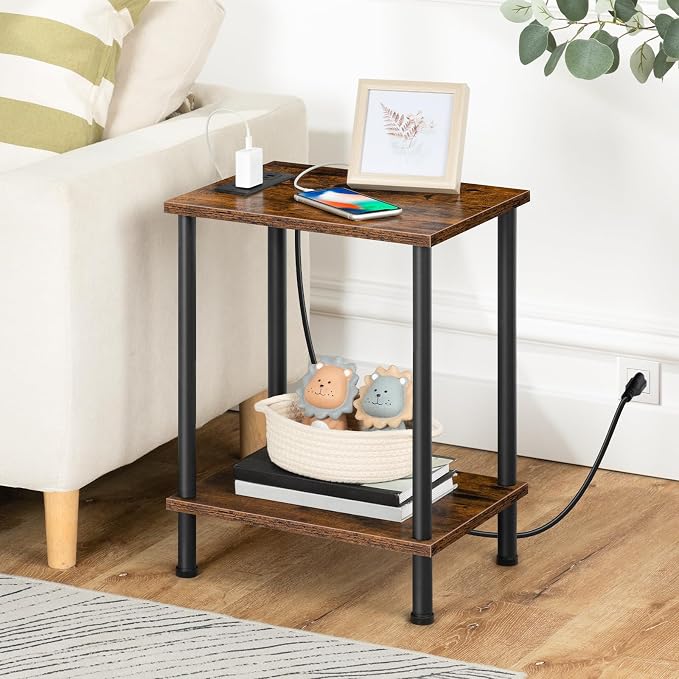 HOOBRO Side Table with Charging Station, Nightstand with 2-Layer Storage Shelves - Image 7