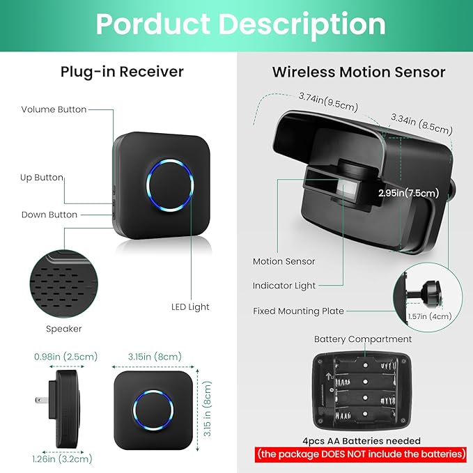Wireless Driveway Alarm, Outdoor Weatherproof Motion Sensor & Detector with 600ft Range, Microwave Infrared Home Security Alert System for Driveway/Garage/Indoor/Outdoor (1 Receiver+2 Sensors)