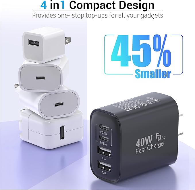 TT&C USB C Block 40W, 4 Ports Wall Plug Fast Charging Block, PD+QC Multiport Power Adapter USB C Charger Type C for iPhone 17, 17 Air, 17 Pro, 17 Pro Max, 16,15,14,13,12, Galaxy Phones-(Black 2Pack)
