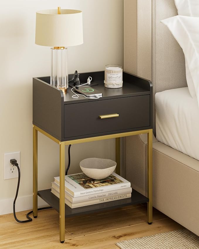 Nightstand with Charging Station, 3-Tier Bedside Table by Apetaccat