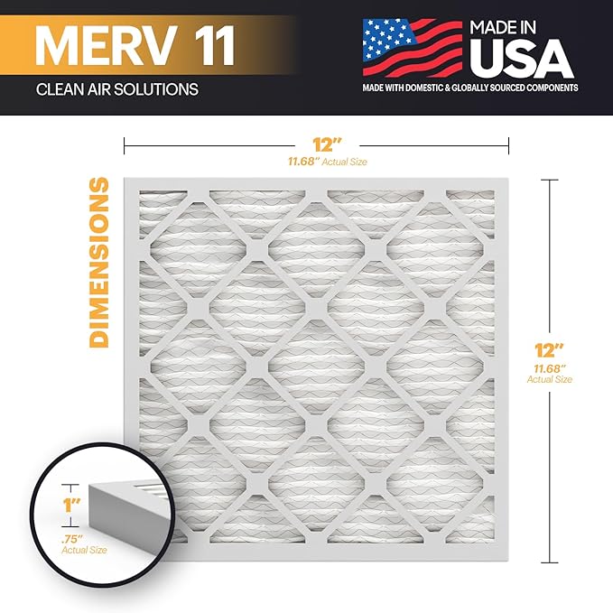 BNX TruFilter 12x12x1 Air Filter MERV 11 (6-Pack) - MADE IN USA - Allergen Defense Electrostatic Pleated Air Conditioner HVAC AC Furnace Filters for Allergies, Dust, Pet, Smoke, Allergy MPR 1200 FPR 7