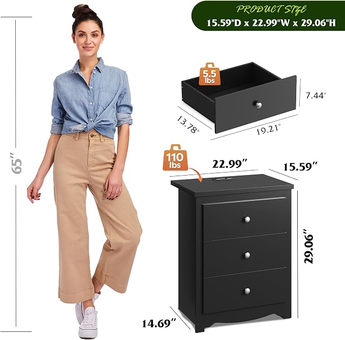WLIVE Tall Nightstand with Charging Station, Wood Bedside Table, Power Outlets - Image 3