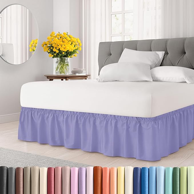 Wrap Around Dust Ruffle Bed Skirt - Lavender - for Queen Size Beds with 12 Inch Drop - Elastic Strap - Adjustable Pleated Bedskirt with Brushed Fabric and Wrinkle Free - for Women, Men, Kids & Teens