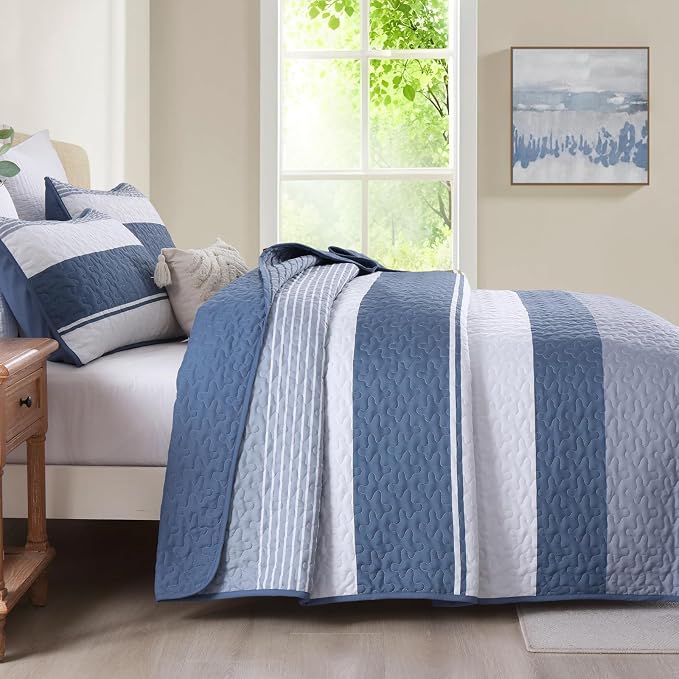 Dinjoy King Boho Striped Quilt Set, Mineral Blue Lightweight Bedspread | Soft - Image 3