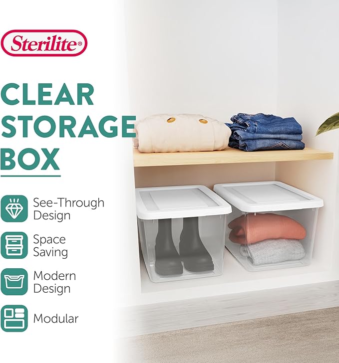 Sterilite 32 Pack Storage Box, 20 Quart Stackable Tote, Clear Plastic Container with Secure Snapping Lids for Home and Office Organization, White