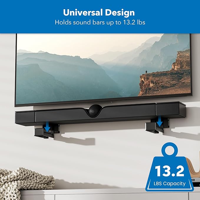 Mount-It! No Stud Sound Bar Wall Mount, Studless Soundbar Mounting Brackets for Drywall, Adjustable Depth Works with All Soundbars up to 6.1 inch Depth