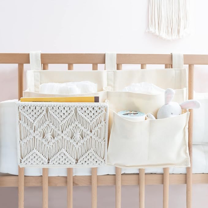 Mkono Bedside Caddy, Macrame Bunk Bed Hanging Organizer, 7 Pockets Ivory | Dorm - Image 8