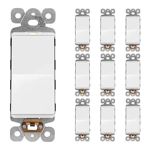 LIDER Minimalist Design Matte Finish Lighted Decorator Switch, Frameless Paddle Light Switch with Locator Light, Grounding Screw, 3-Way or Single Pole, 15A 120V, UL Listed, LS15-3W-W10P, White,10 Pack