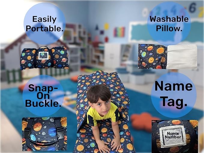 Toddler Nap Mat with Pillow and Blanket, Preschool, Nursery Sleeping Mat, Portable Bed for Kids, Ultra Soft Cotton, Fleece, Minky, Machine Washable, Travel Friendly, Kids Sleeping Bags, Navy Blue.