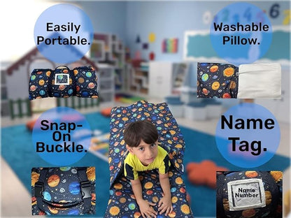 Toddler Nap Mat with Pillow and Blanket, Preschool, Nursery Sleeping Mat, Portable Bed for Kids, Ultra Soft Cotton, Fleece, Minky, Machine Washable, Travel Friendly, Kids Sleeping Bags, Navy Blue.