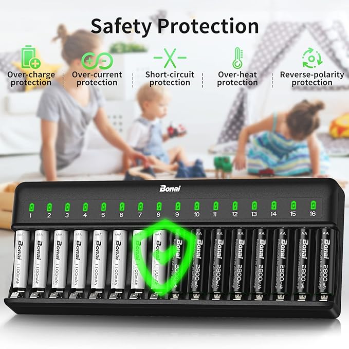 BONAI AA AAA Battery Charger 16 Bay for NiMH Rechargeable Batteries Independent Control with LED Light and Standard American AC Charging Plug, Battery not Included - Black