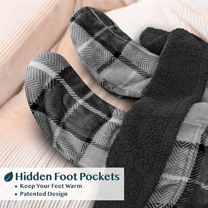 PAVILIA Sherpa Blanket with Sleeves, Foot Pocket for Women Men Adults, Thick Wearable Blanket Throw Wrap, Fleece Warm Snuggle Blanket Robe, Cozy Gift Ideas Wife Mom, Plaid Gray
