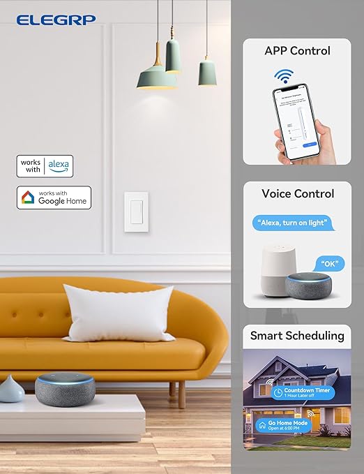 ELEGRP Smart Dimmer Light Switch DTR30, Single Pole or 3 Way, 2.4GHz Wi-Fi Touch Dimmer Compatible with Alexa/Google Assistant, Needs Neutral Wire, No Hub Required, UL and FCC Listed, White, 4 Pack