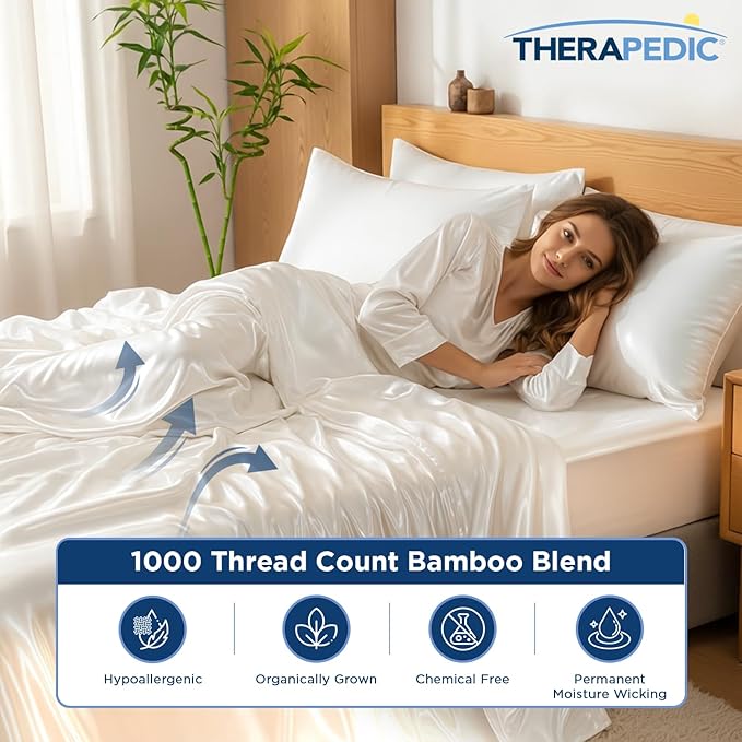 Therapedic 1000TC Split King 7-Piece Sheet Set - 100% Organic Rayon Dervied from Bamboo Blend with Cooling Fiber, Ideal for Hot Sleepers - 16" Deep Pocket Fitted Sheet, Bonus Pillowcases - Light Grey