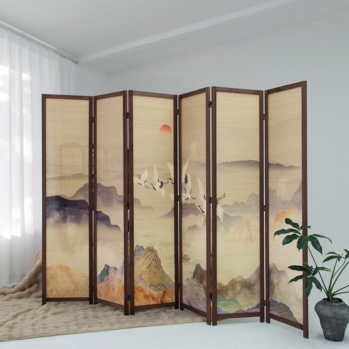 6 Panel Bamboo Room Divider, 5.6 ft Tall Double-Sided Freestanding Folding - Image 2