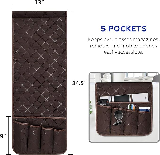 Armchair Caddy for Recliner, Non Slip Sofa Arm Organizer, Dark Brown | 5-Pocket - Image 7