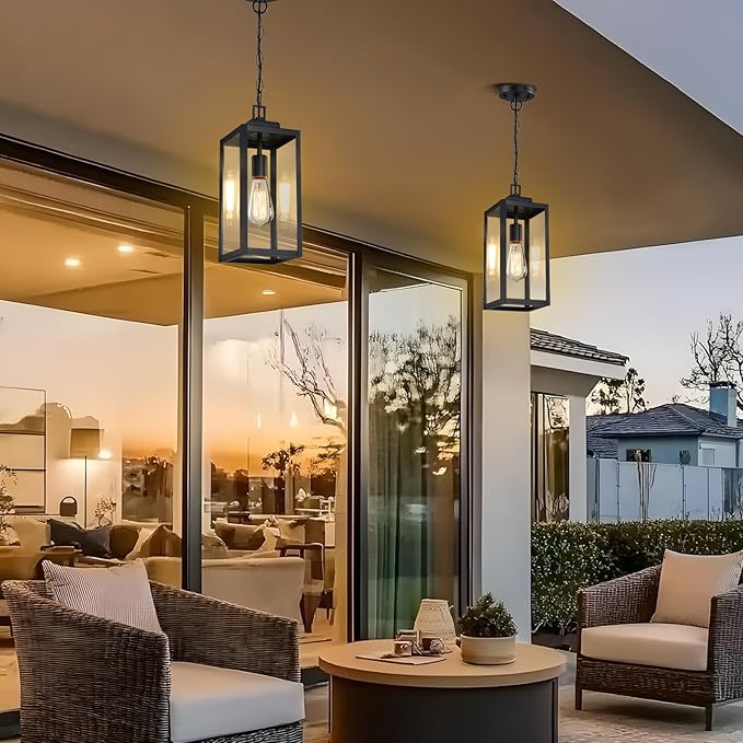 15'' Outdoor Pendant Light, Modern Outside Chandelier Outdoor Hanging Lantern Light, Matte Black with Clear Glass, Exterior Pendant Lighting Fixture Ceiling Mount for Porch, Entryway, Gazebo, 1Pack