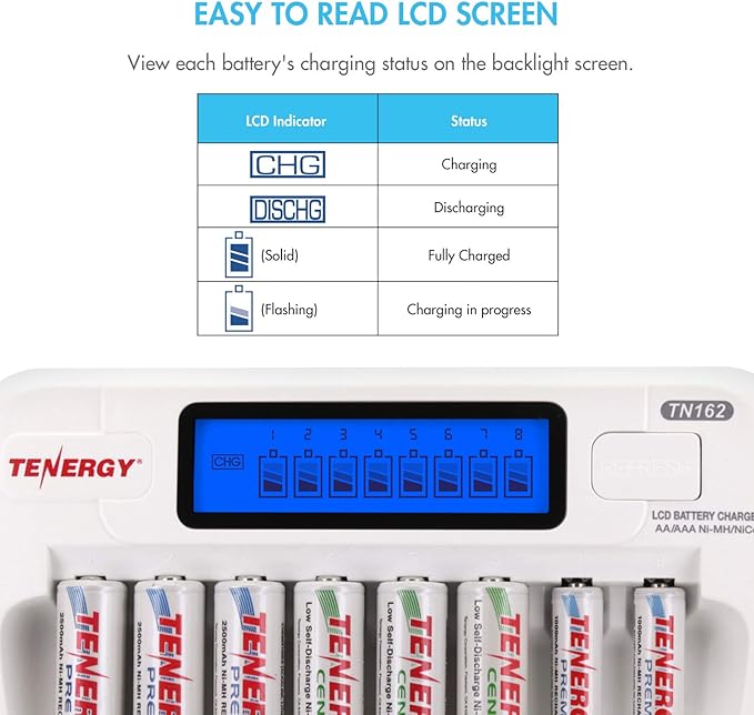 Tenergy AA and AAA Battery Charger Bundle - TN162 8 Bay Smart LCD NiMH/NiCd Charger With 4 Pack AA & 4 Pack AAA Centura (LSD) Rechargeable Batteries