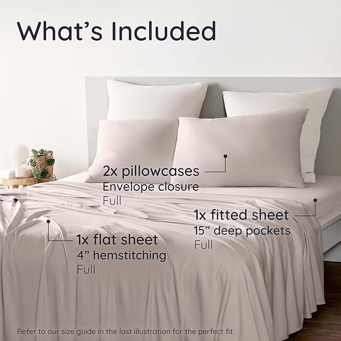 Bambaw 100% Viscose Derived from Bamboo Sheets Full Size Set – 4pcs Cooling Sheets Full Size, Perfect for Hot Sleepers, Luxury & Buttery Soft Sheet Set, with Elastic Corner Straps (Sand)