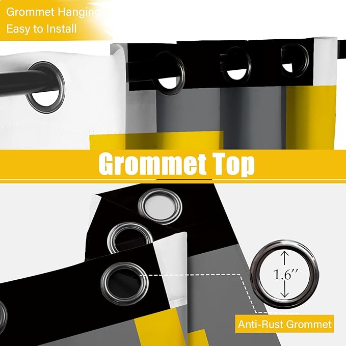 Yellow 100% Blackout Curtains for Bedroom 63 inch Length 2 Panels Set White Grey Modern Abstract Geometric Black Out Curtains Insulated Room Darkening Window Drapes for Living Room, 42Wx63L