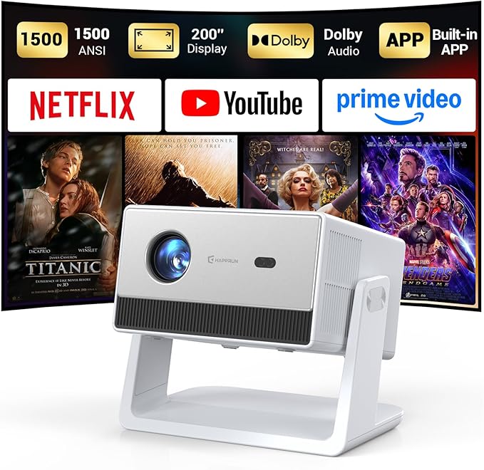 Smart Mini Projector, 1500 ANSI Portable Projector with WiFi and Bluetooth, HAPPRUN 4K Full HD Home Theater with 270° Stand, Dolby Sound, Built-in Apps,Compatible with Phone & PC, Indoor & Outdoor Use