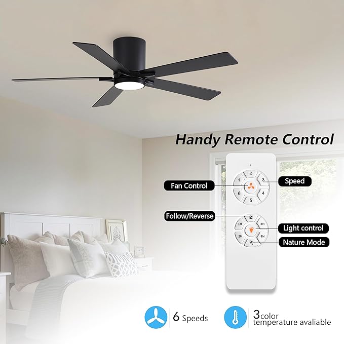 WINGBO 48" DC Flush Mount Ceiling Fan with Lights, 6-Speed Reversible DC Motor, 3CCT, Low Profile Hugger Ceiling Fan for Living Room Bedroom Kitchen, Black Finish and Black/Walnut Blades
