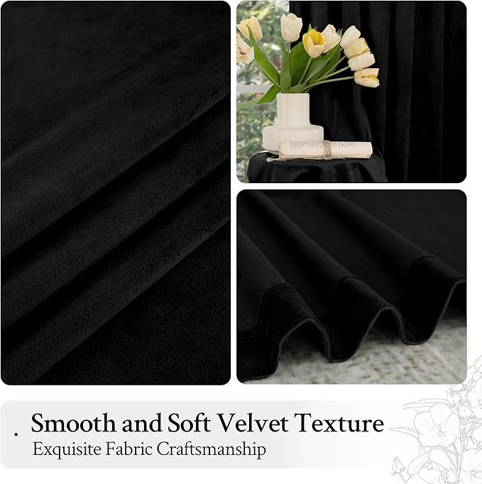 LAMIT Black Velvet Blackout Curtains 90 Inches Long, Luxury Thermal Room Darkening Panels for Bedroom Back Tab and Rod Pocket Soundproof Halloween Drapes for Living Room, 2 Panels, 52 x 90 Inch