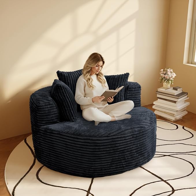 50" Round Chaise Lounge Chair Indoor, Oversized Corduroy Upholstered Boneless by SofaFurniture