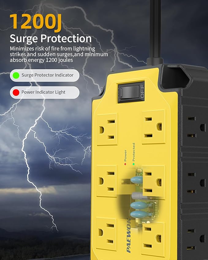 Heavy Duty Power Strip15 Amps/1200 Joules, 12 Outlets with 4 USB Ports (2 USB-C), Industrial Magnetic Surge Protector, 6.5 FT Extension Cord for Industrial Shop Garage (Yellow)