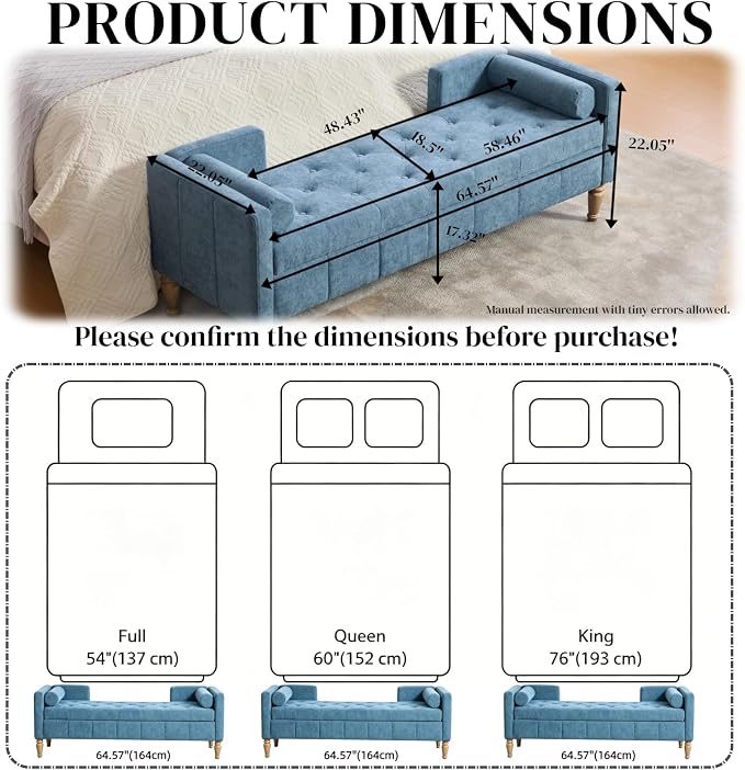 Aoiy & Wifon 64.57" W End of Bed Bench King Size, Upholstered Large Storage - Image 4