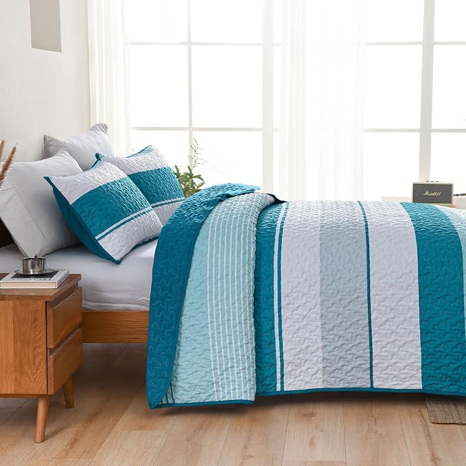 Dinjoy King Boho Striped Quilt Set, Teal Lightweight Bedspread Bedding | Soft - Image 7